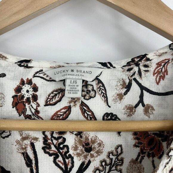 Lucky Brand Top Size Large Womens Ivory Long Sleeve Floral Print Smocked V Neck - Picture 3 of 6